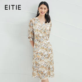 EITIE爱特爱夏季新款V领国风印花收腰显瘦垂坠通勤连衣裙B2207912