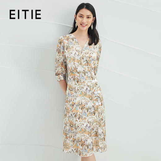 EITIE爱特爱夏季新款V领国风印花收腰显瘦垂坠通勤连衣裙B2207912 商品图0