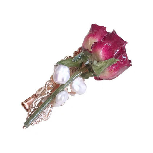 蔷薇少女 原创小众设计天然复古真花蔷薇发夹鸭嘴夹真花度假边夹 商品图2