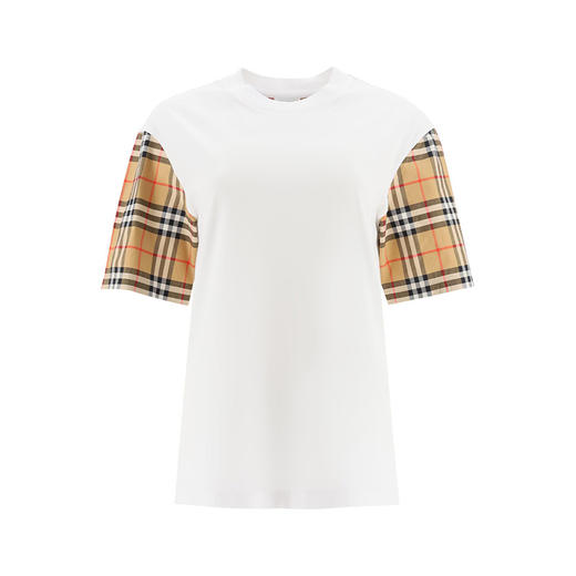 【二】BURBERRY 博柏利 Vintage 格纹衣袖棉质宽松 T 恤衫 女士圆领短袖T恤 白色 8042716 A1464 商品图0