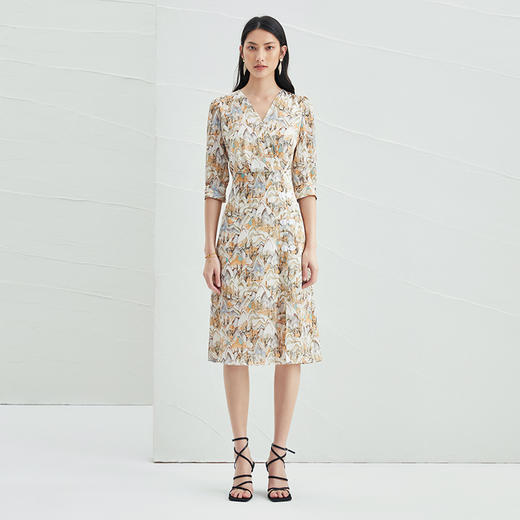EITIE爱特爱夏季新款V领国风印花收腰显瘦垂坠通勤连衣裙B2207912 商品图1