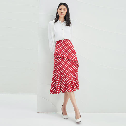 EITIE爱特爱夏季新款通勤荷叶边高腰a字复古波点红色半身裙B2206906 商品图2