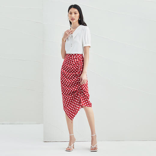 EITIE爱特爱夏季新款高腰抽褶复古波点红色显瘦包臀a字半身裙B2206908 商品图2