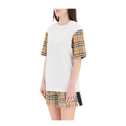 【二】BURBERRY 博柏利 Vintage 格纹衣袖棉质宽松 T 恤衫 女士圆领短袖T恤 白色 8042716 A1464 商品图1