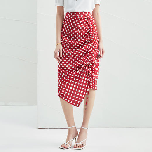 EITIE爱特爱夏季新款高腰抽褶复古波点红色显瘦包臀a字半身裙B2206908 商品图1