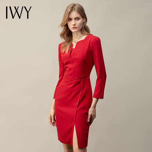 IWY/高端红色连衣裙开叉气质名媛主持人工作服高端职业装修身正装Q11365 商品图1
