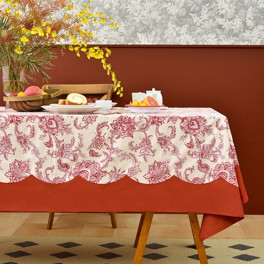 红色藤蔓波浪方形桌布红色喜庆复古桌布 商品图0