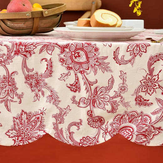 红色藤蔓波浪方形桌布红色喜庆复古桌布 商品图3