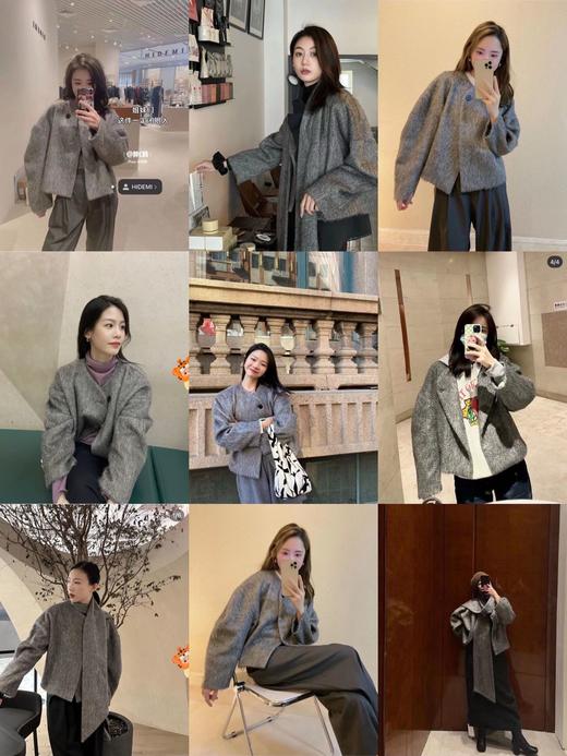 HIDEMI 水墨灰马海毛可拆卸围巾设计感短款茧型两件套大衣 商品图1