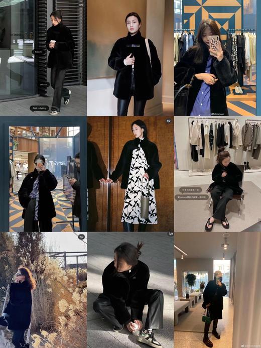 HIDEMI 黑色皮毛一体简约皮襻设计感中长款大衣 商品图1