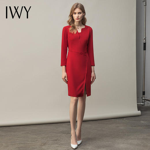 IWY/高端红色连衣裙开叉气质名媛主持人工作服高端职业装修身正装Q11365 商品图2