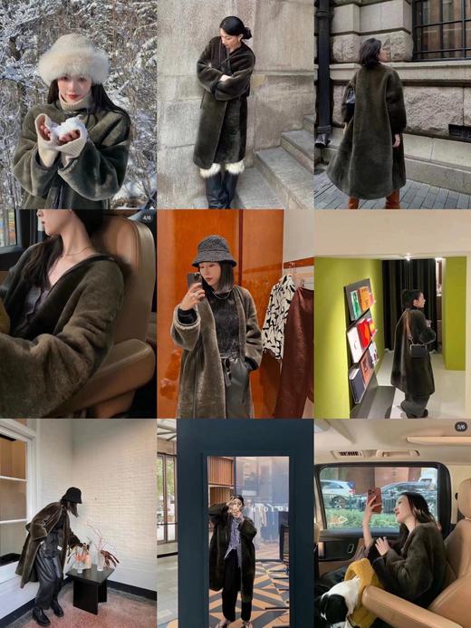 HIDEMI 海藻绿皮毛一体拼皮边系带设计感长款大衣 商品图1