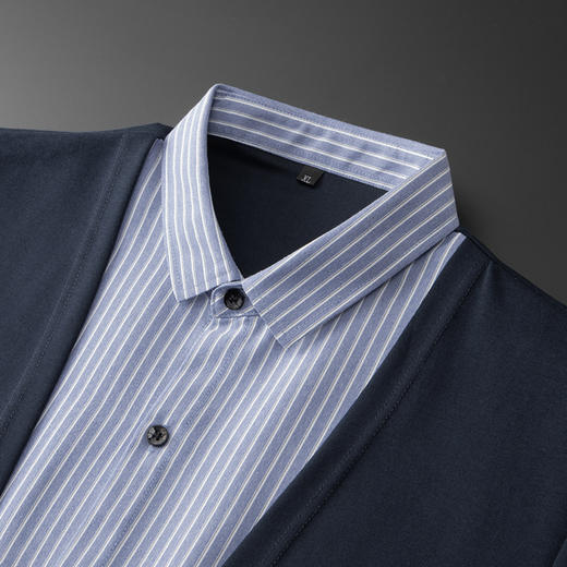 【新款DDA】大依优型大码假两件衬衫男士条纹翻领长袖商务休闲上衣加肥加大胖子 商品图1