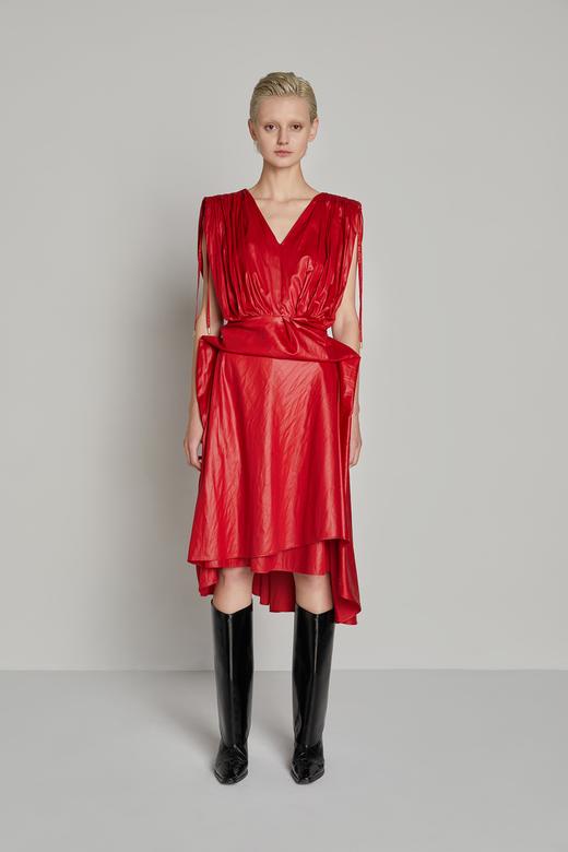 无袖肩部抽褶V领连衣裙 商品图0