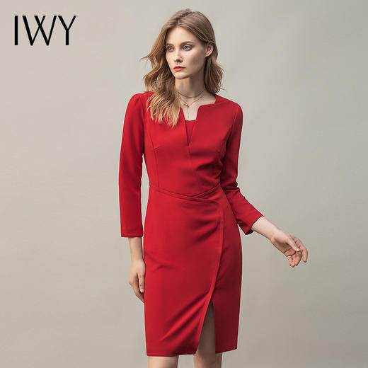 IWY/高端红色连衣裙开叉气质名媛主持人工作服高端职业装修身正装Q11365 商品图0