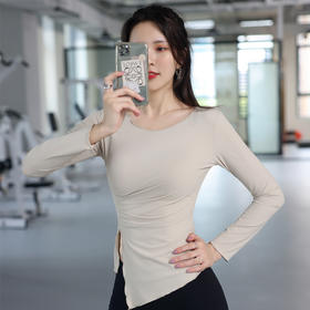 【现货48小时发 】运动瑜伽服速干健身跑步罗纹坑条长袖女子圆领运动修身休闲打底衫