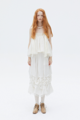 Renlisu  暮白色条纹收褶松紧腰半裙