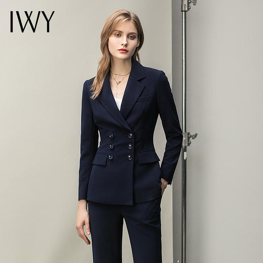 IWY/藏青色气质扣西装套装女商务高端职业装秋冬时尚正装通勤面试双排 CP1412 商品图0