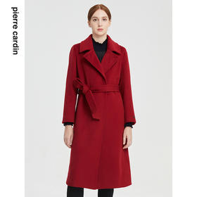 皮尔卡丹女装大衣红色含羊绒水波纹修身通勤毛呢外套P1453C1976R0
