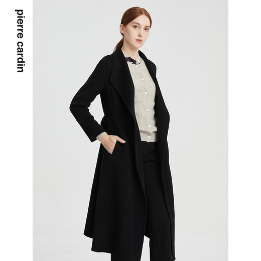 皮尔卡丹女装毛呢外套秋冬高级感驼色长款系带收腰大衣P1487C1931
 商品图1