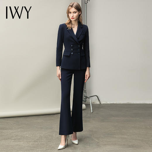 IWY/藏青色工作服女气质高端售楼部工装女士职业装显瘦微喇裤西装套装 C1412+P1511 商品图1