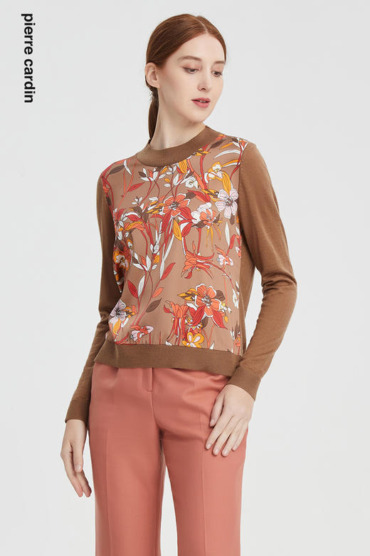 皮尔卡丹女装新款复古印花真丝拼接羊毛针织衫P1495K1410K3
 商品图6