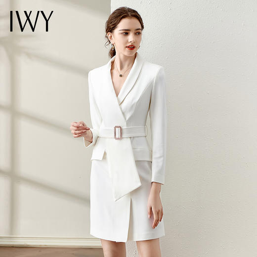 IWY/春季白色连衣裙2022新款洋气时尚设计西装裙腰带修身职业装工作服 Q11112 商品图0