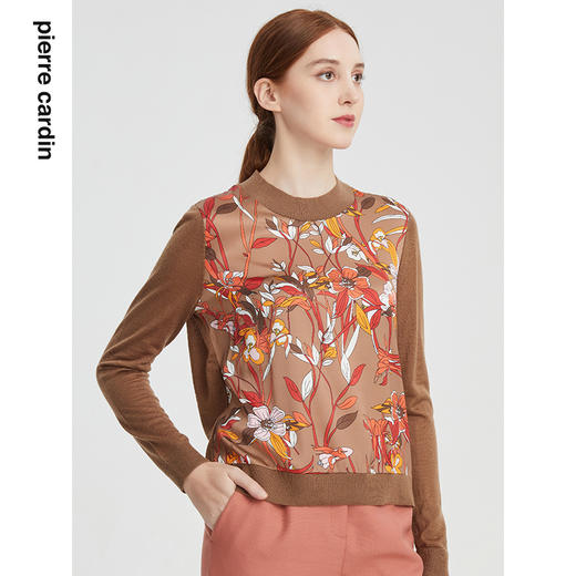 皮尔卡丹女装新款复古印花真丝拼接羊毛针织衫P1495K1410K3
 商品图3