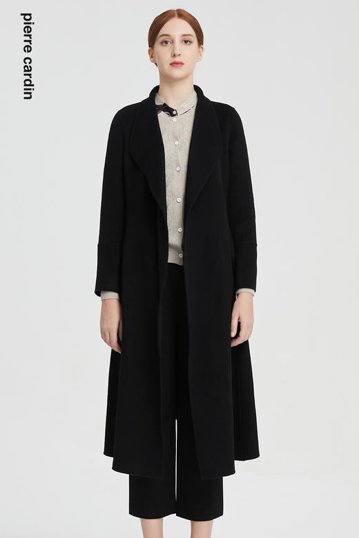 皮尔卡丹女装毛呢外套秋冬高级感驼色长款系带收腰大衣P1487C1931
 商品图6