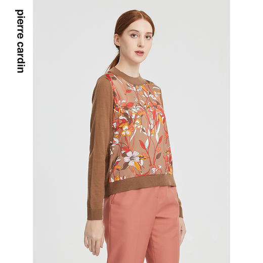 皮尔卡丹女装新款复古印花真丝拼接羊毛针织衫P1495K1410K3
 商品图1