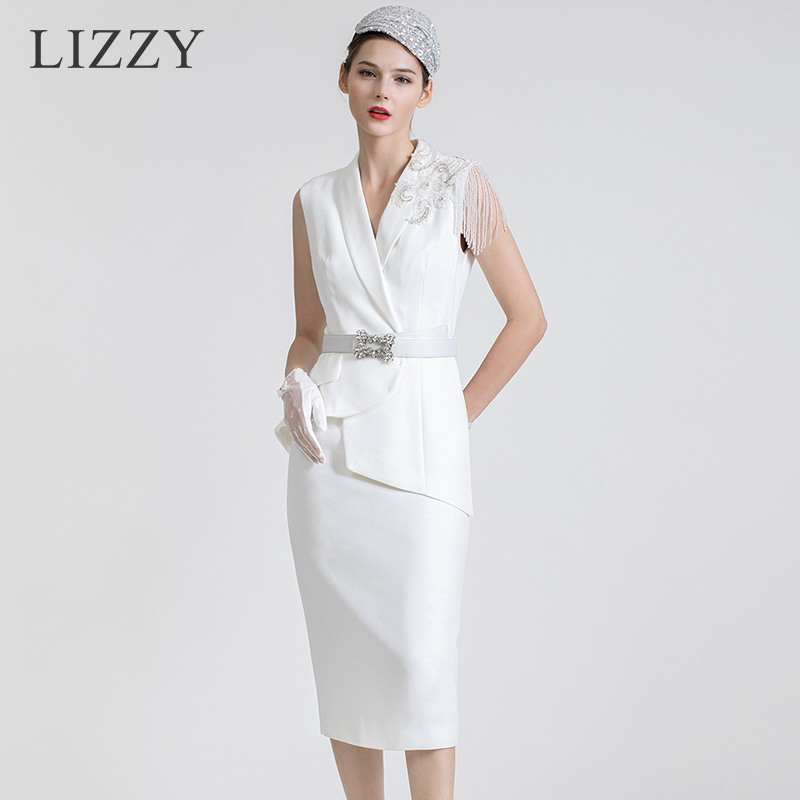 LIZZY 西装领钉珠流苏假二件式连衣裙7434