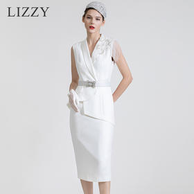 LIZZY 西装领钉珠流苏假二件式连衣裙7434
