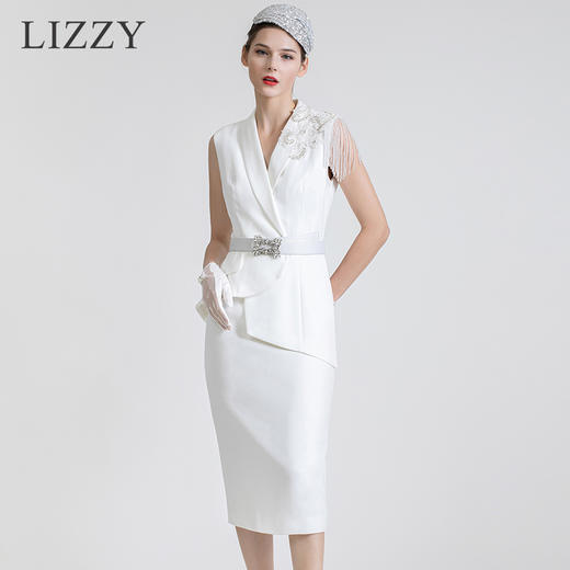 LIZZY 西装领钉珠流苏假二件式连衣裙7434 商品图0