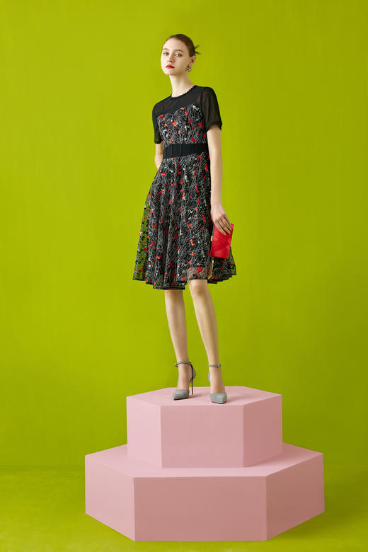 【伯妮斯茵】领袖半透网纱绣花短袖连衣裙 2S5187 商品图1