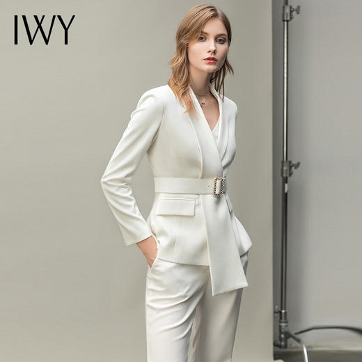IWY/高端白色系带西装套装女气质时尚职业装显瘦白领阔腿裤总裁工作服 C10348+P310348 商品图0