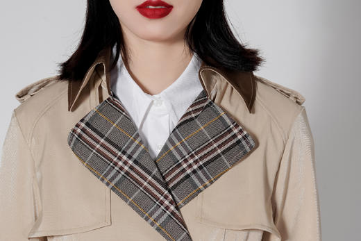 【1折】臣禾 拼接格纹翻领小个子短款风衣K213011477 商品图4