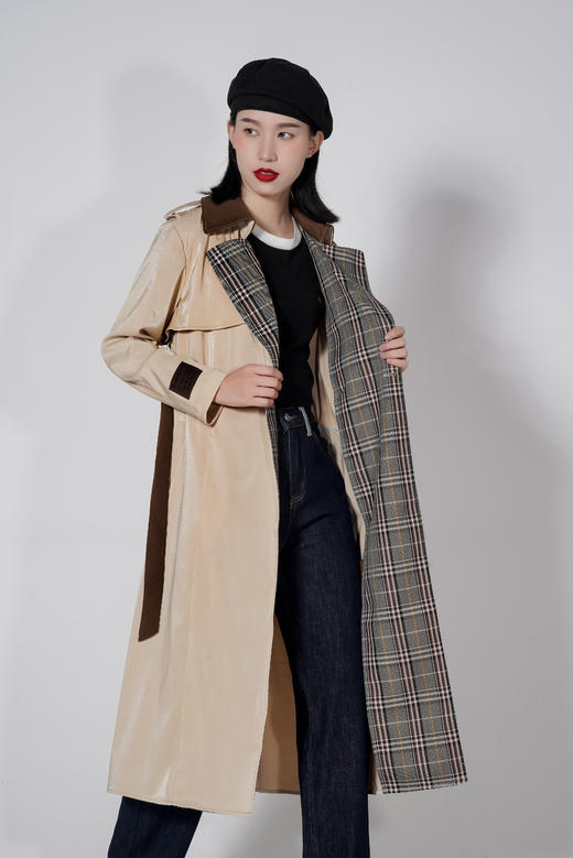 【1折】S1臣禾 拼接格纹撞色风衣K213011377 商品图0