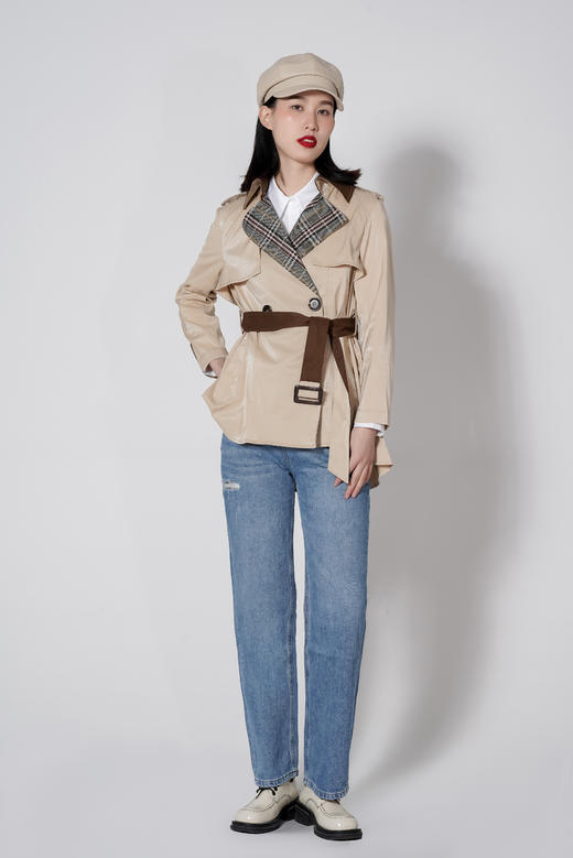 【1折】臣禾 拼接格纹翻领小个子短款风衣K213011477 商品图7