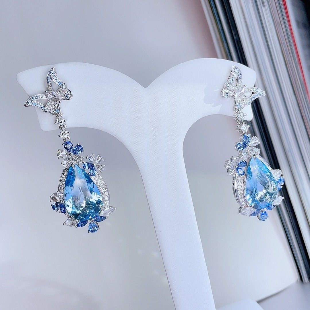 6ct 天然圣马利亚色海蓝宝耳饰