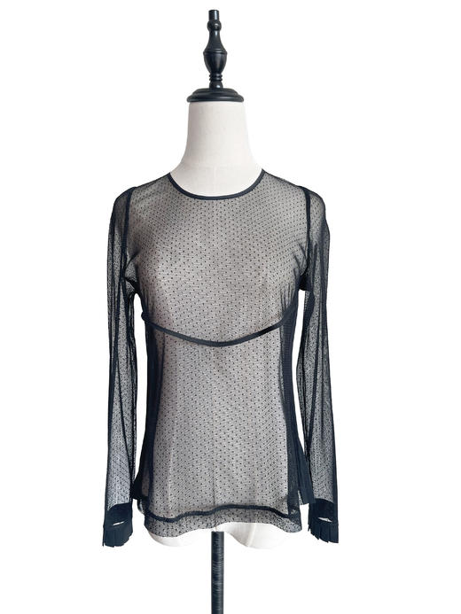 TYNVIE 褶皱袖口镶边花型蕾丝透视长袖上衣-黑色 商品图1