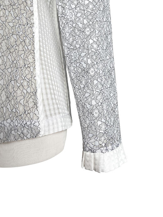 TYNVIE 褶皱袖口镶边花型蕾丝透视长袖上衣-白色 商品图2