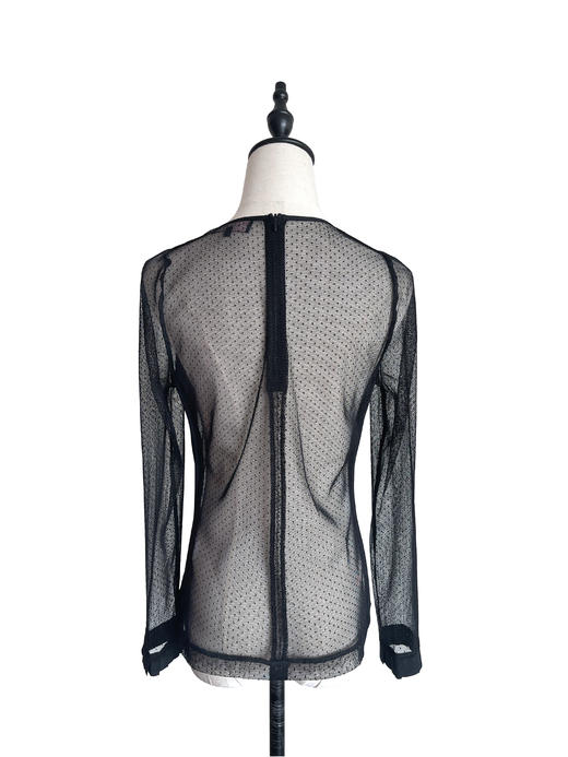 TYNVIE 褶皱袖口镶边花型蕾丝透视长袖上衣-黑色 商品图4