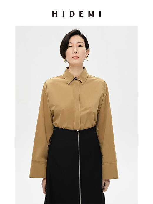 HIDEMI 牛皮纸感廓形伞袖简约衬衫 商品图0