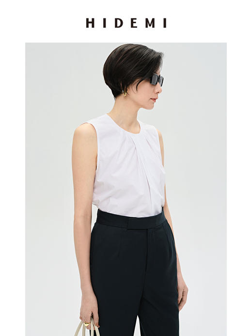 HIDEMI 褶皱设计感圆领棉质背心 藏蓝色/白色 商品图5