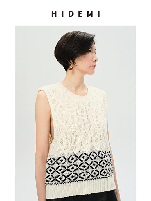 HIDEMI 美利奴羊毛花针拼色设计感马夹背心 商品图8