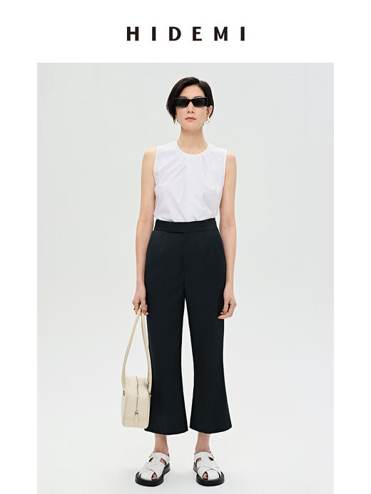 HIDEMI 褶皱设计感圆领棉质背心 藏蓝色/白色 商品图2