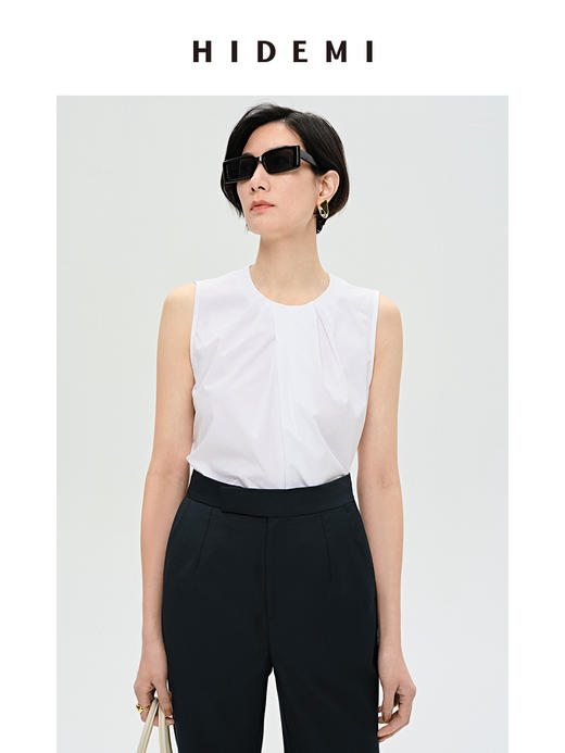 HIDEMI 褶皱设计感圆领棉质背心 藏蓝色/白色 商品图4