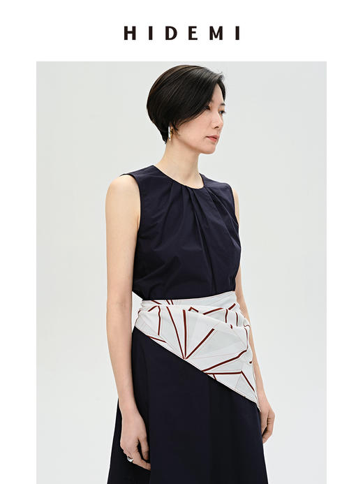 HIDEMI 褶皱设计感圆领棉质背心 藏蓝色/白色 商品图9