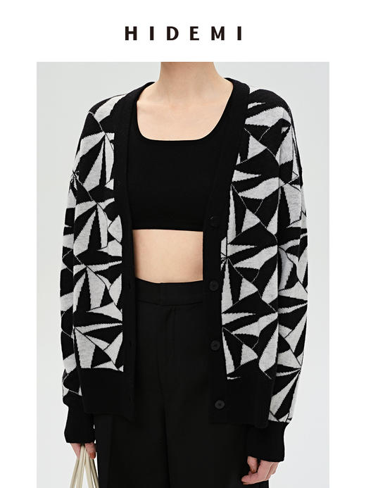 HIDEMI 美利奴羊毛几何印花纽扣开衫 商品图14