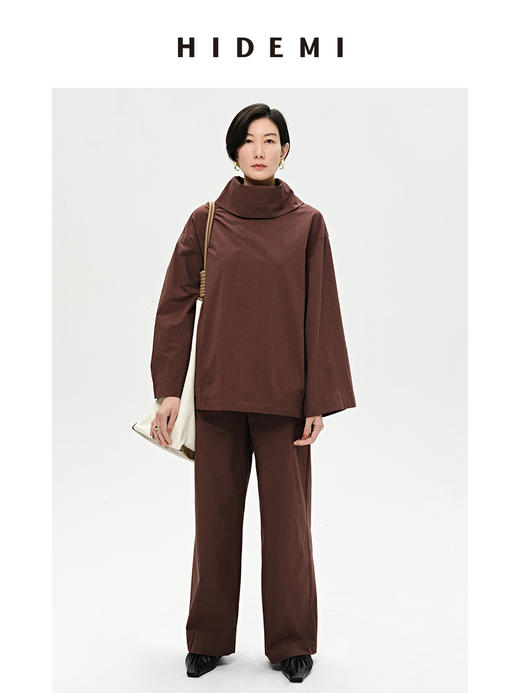 HIDEMI 砖红色立领简约设计感水洗棉套装 衬衫/阔腿裤 商品图2